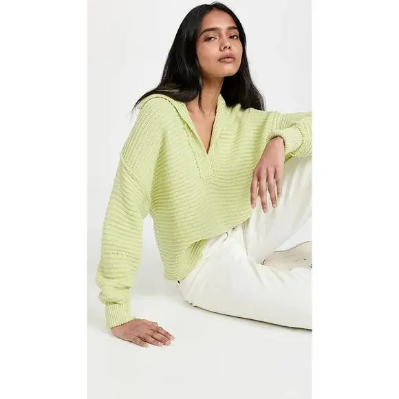 Free People Marlie Slouchy Oversized Sweater Ribbed V-Neck Lime Green Size Large - Picture 13 of 16